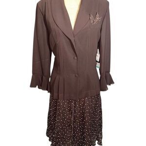 Danny &‎ Nicole 2pc Skirt Suit Size 16 Brown Sheer Polka Dot Pencil A-Line New